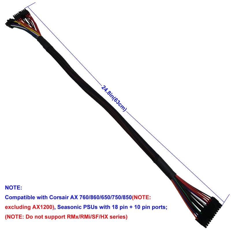COMeap 24 Pin ATX Cable for Corsair AX Series and Seasonic PSUs, 18 Pin + 10 Pin to 24 Pin ATX PSU Power Adapter Sleeved 24.8-inch(63cm) - Image 4